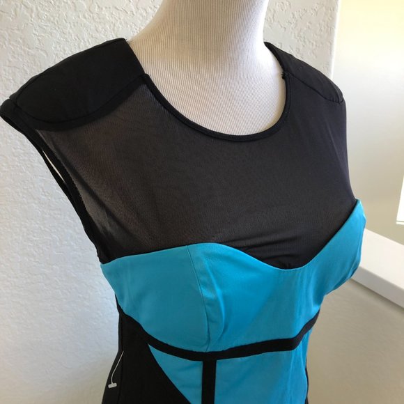 NEW BEBE Classic Black & Turquoise Blue Color block Silky Satin Stylish DRESS S - Picture 3 of 13
